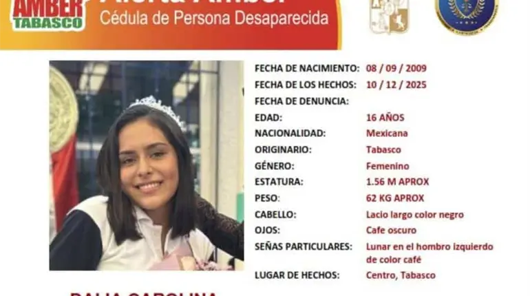 Activan Alerta Amber para localizar a menor Dalia Carolina, desaparecida en Villahermosa