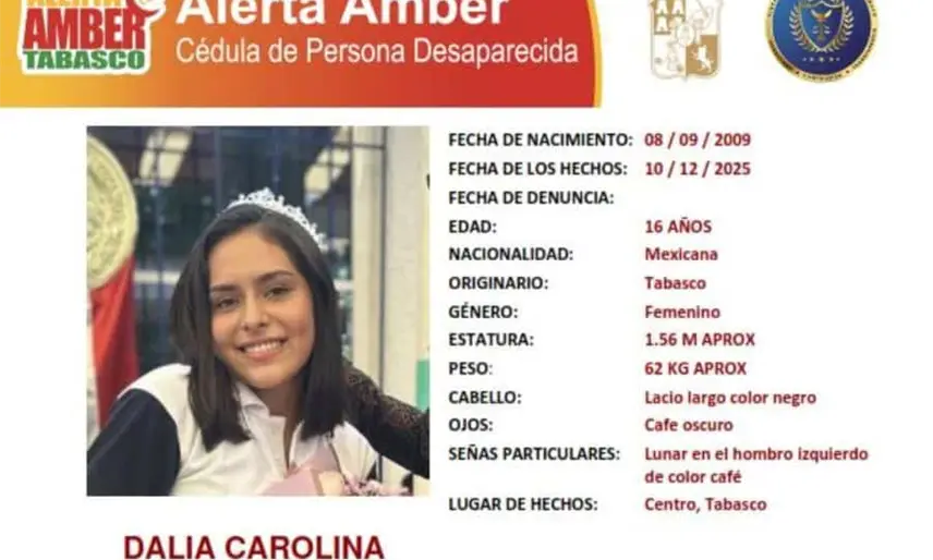 Activan Alerta Amber para localizar a menor Dalia Carolina, desaparecida en Villahermosa