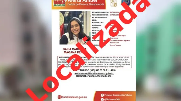 Localizan a Dalia Carolina, menor reportada como desaparecida en Centro