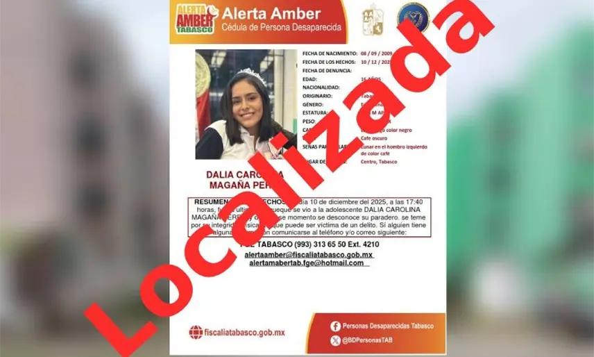 Localizan a Dalia Carolina, menor reportada como desaparecida en Centro