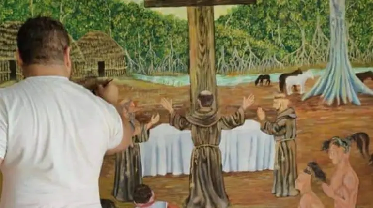 Pintan mural en Iglesia de Frontera sobre primera misa en Centla