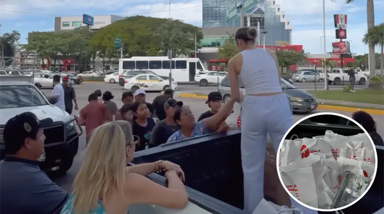 Luisa Pamela P&eacute;rez, Flor de Oro 2023, regala comida en crucero de Villahermosa