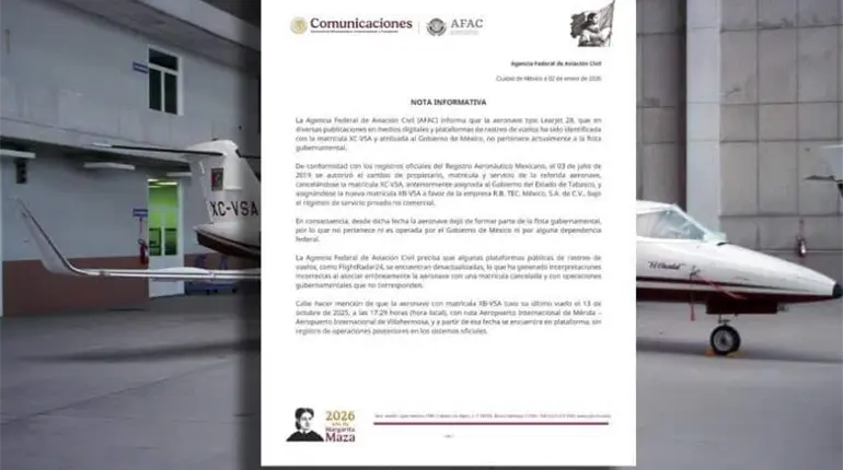 Aeronave con itinerario de viajes a Venezuela no forma parte de la flota del gobierno de Tabasco: AFAC