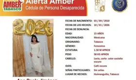 Emiten Alerta Amber para localizar a Ana Paola Jim&eacute;nez Pablo, extraviada en Huimanguillo