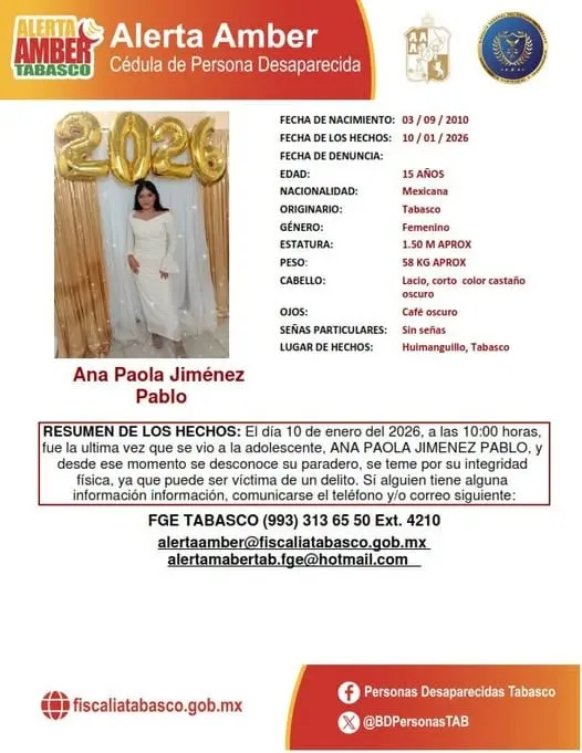 Emiten Alerta Amber para localizar a Ana Paola Jim&eacute;nez Pablo, extraviada en Huimanguillo