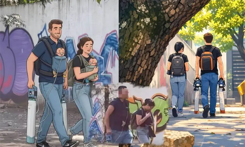 Video de padres que caminando en la CDMX con sus bebés conectados a tanques de Oxígeno conmueve las redes