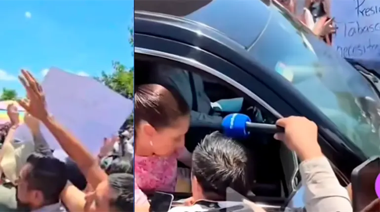 Tabasque&ntilde;os protestan ante Sheinbaum en Yucat&aacute;n contra el proyecto Villahermosa 2030