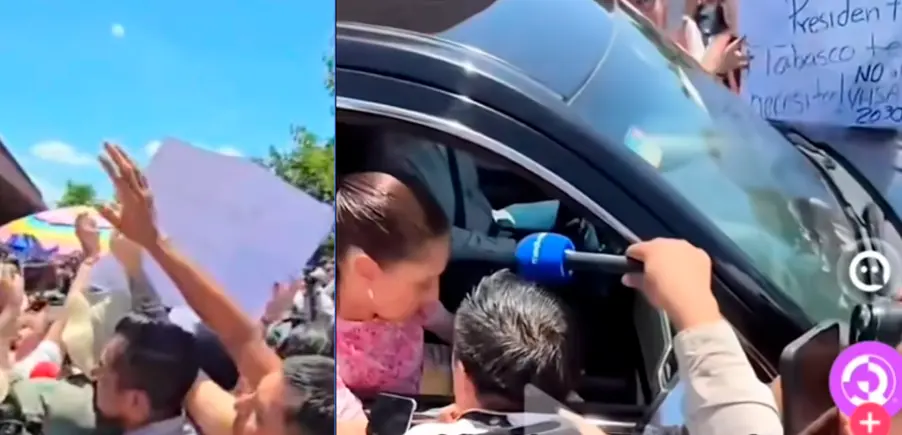 Tabasqueños protestan ante Sheinbaum en Yucatán contra el proyecto Villahermosa 2030