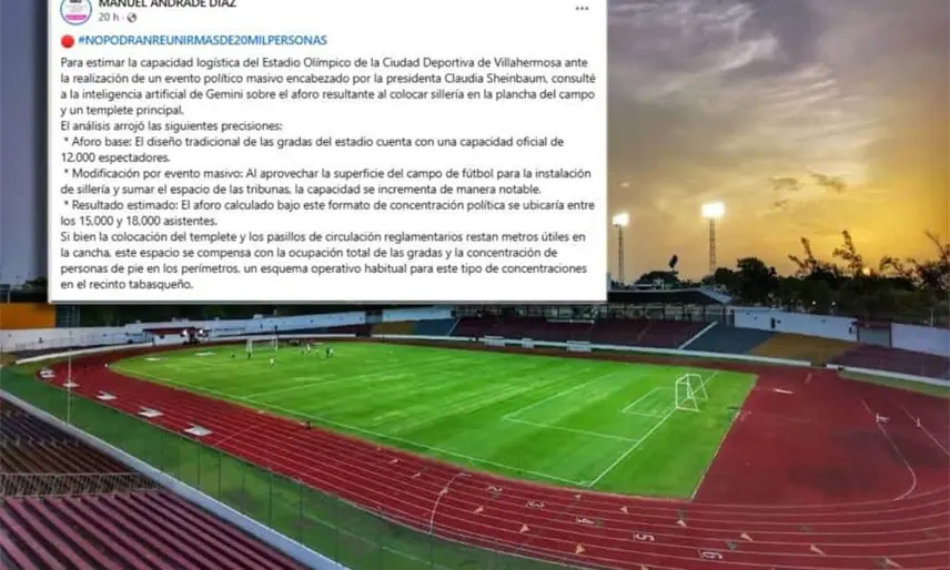 Evento de Sheinbaum en Villahermosa no superará los 18 mil asistentes: MAD dice tras consulta a la IA