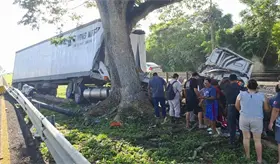 Tr&aacute;iler choca con &aacute;rbol en la Villahermosa-C&aacute;rdenas; operador es rescatado