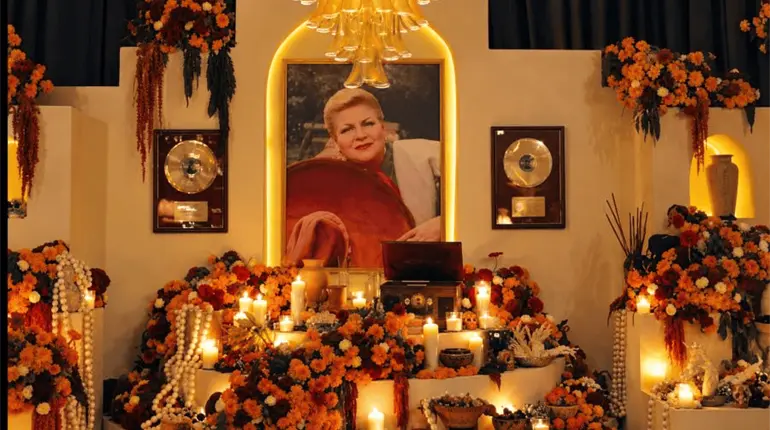 Belinda rinde homenaje a Paquita la del Barrio frente a altar de D&iacute;a de Muertos