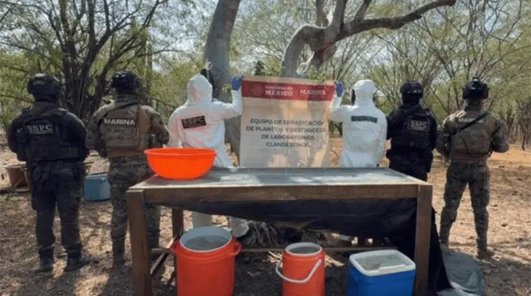 Aseguran y destruyen en Sinaloa narcolaboratorio y 100 kilos de metanfetamina encontrados