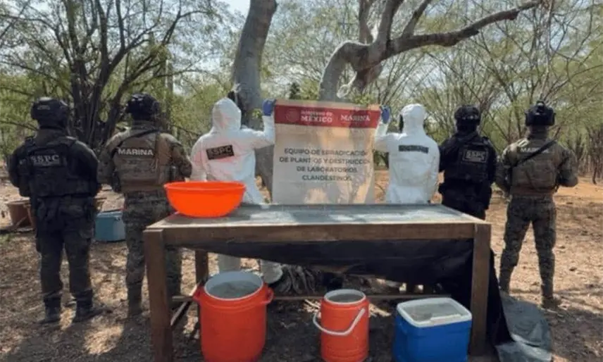 Aseguran y destruyen en Sinaloa narcolaboratorio y 100 kilos de metanfetamina encontrados